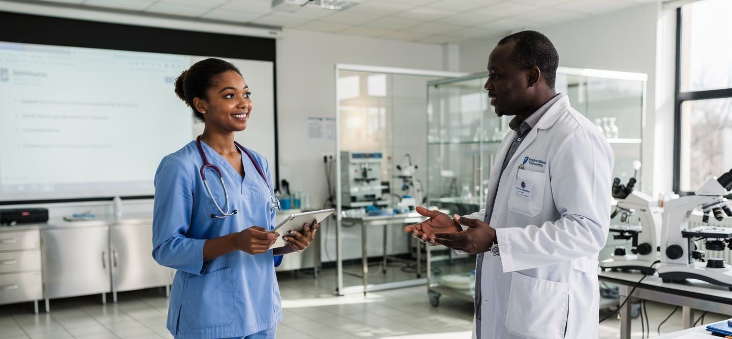 Médecin noir accompagnant une étudiante en tenue médicale dans un laboratoire.